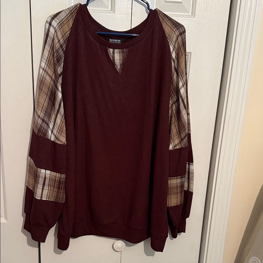 Brown Plaid Sleeve Crewneck Sweater